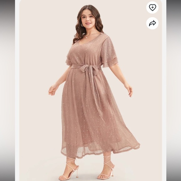 BloomChic Plus Size 4XL Plain V Neck Mesh Pocket Ruffle Tiered Belted Midi Dress - Picture 3 of 6